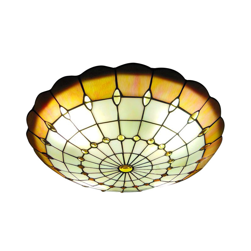 12"/16"/19.5" Wide Bedroom Ceiling Lights Tiffany Style Green/Yellow Dome Shade Flush Mount Light with Jewel Decoration