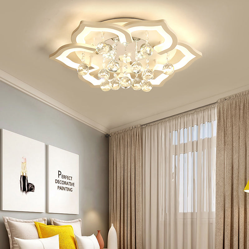 6/16/20 Lights Living Room Ceiling Light White Flush Mount Light Fixture in Warm/White Light with Floral Acrylic Shade and Crystal Drop