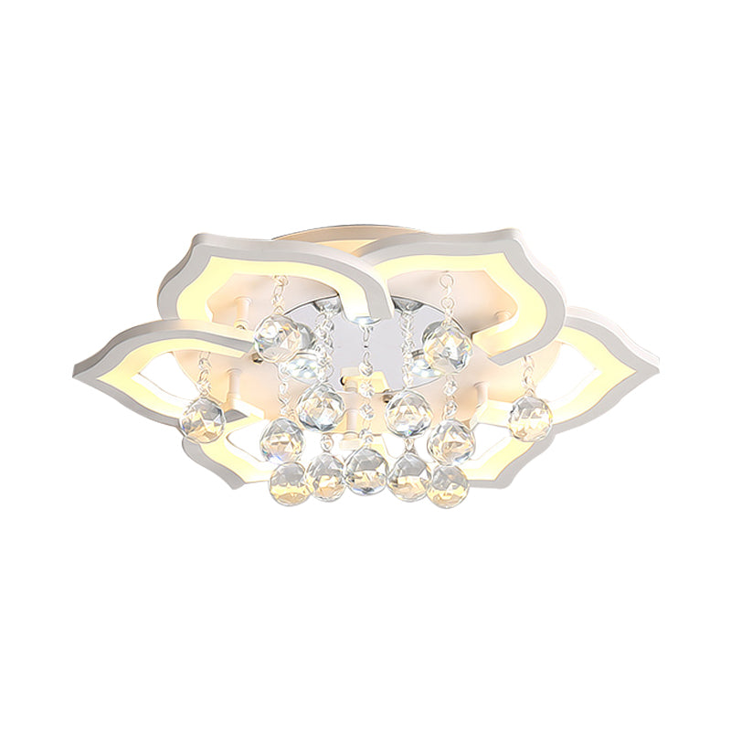 6/16/20 Lights Living Room Ceiling Light White Flush Mount Light Fixture in Warm/White Light with Floral Acrylic Shade and Crystal Drop