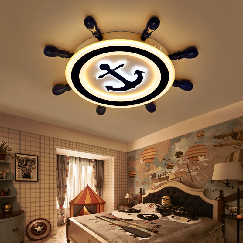 Rudder Wooden Flush Mount Lighting Cartoon Blue LED Flush Mount Fixture for Nursery