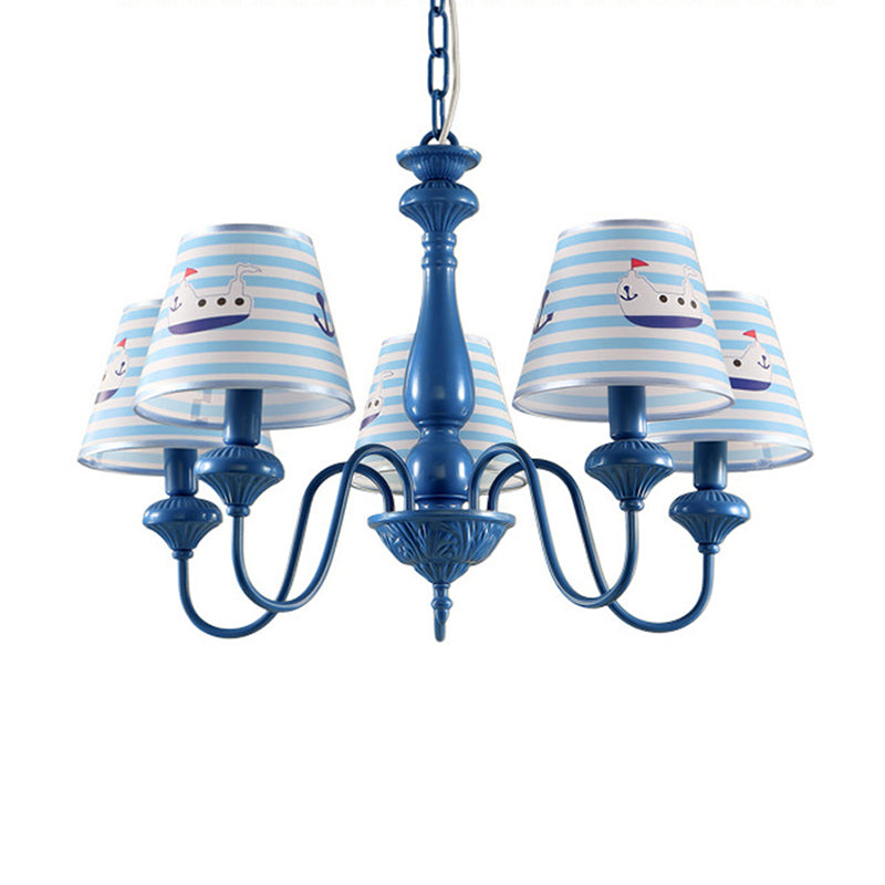 Modern Empire Shade Ceiling Lighting Patterned Fabric 5 Heads Child Room Chandelier Light Fixture in Blue