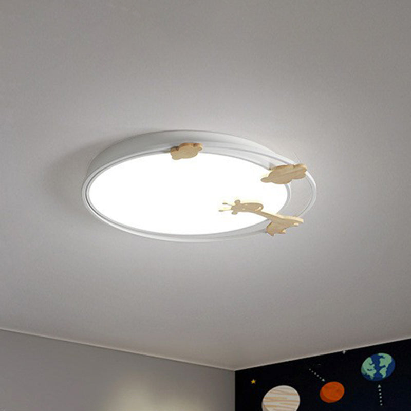Circular Flush Mount Lighting Cartoon Metallic Kids Bedroom LED Flush Mount Fixture with Wooden Decor