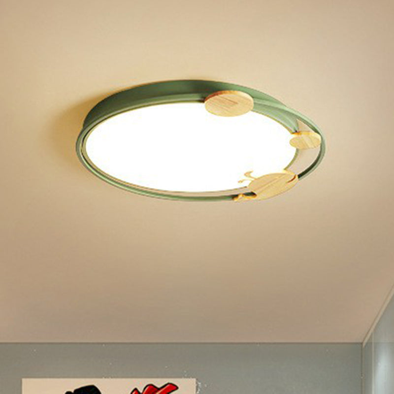 Circular Flush Mount Lighting Cartoon Metallic Kids Bedroom LED Flush Mount Fixture with Wooden Decor