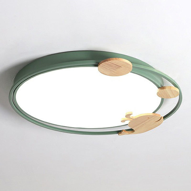 Circular Flush Mount Lighting Cartoon Metallic Kids Bedroom LED Flush Mount Fixture with Wooden Decor