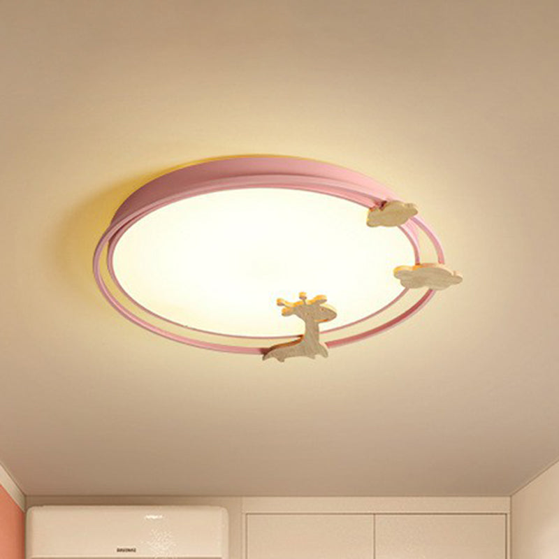 Circular Flush Mount Lighting Cartoon Metallic Kids Bedroom LED Flush Mount Fixture with Wooden Decor