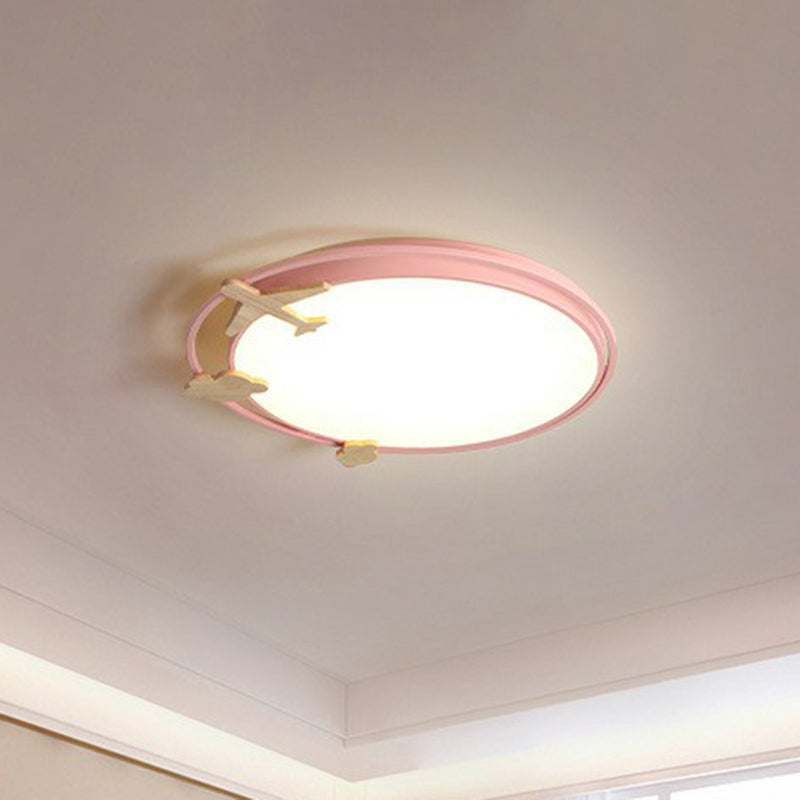 Circular Flush Mount Lighting Cartoon Metallic Kids Bedroom LED Flush Mount Fixture with Wooden Decor