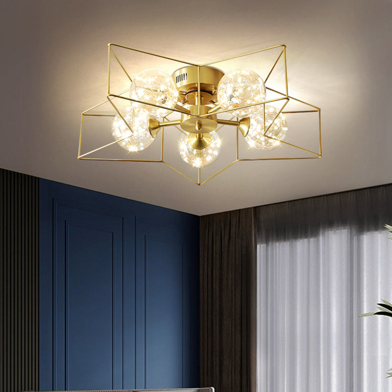 Clear Glass Sphere LED Semi Flush Modern Style 5 Heads Brass Flush Ceiling Light Fixture with Star Metal Frame