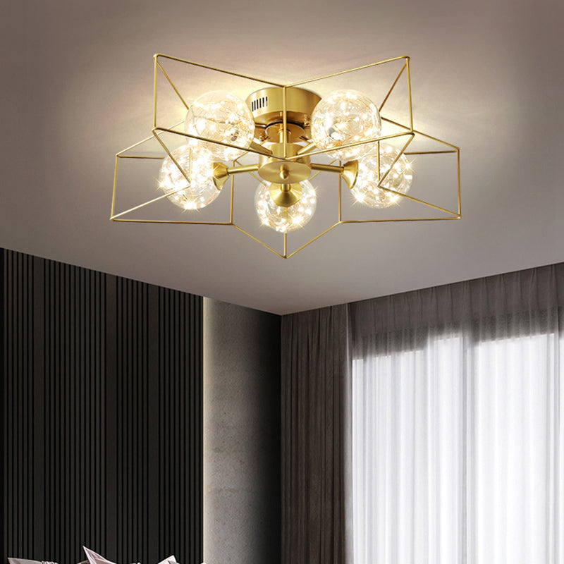 Clear Glass Sphere LED Semi Flush Modern Style 5 Heads Brass Flush Ceiling Light Fixture with Star Metal Frame