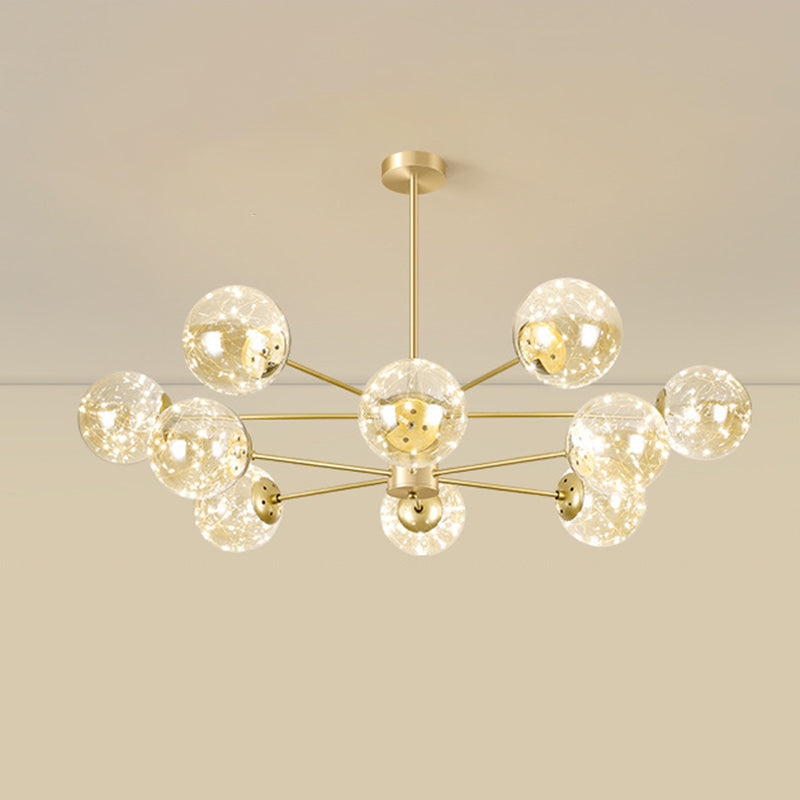 Radial LED Chandelier Light Contemporary Metallic Living Room Pendant Light with Globe Clear Glass Shade in Gold