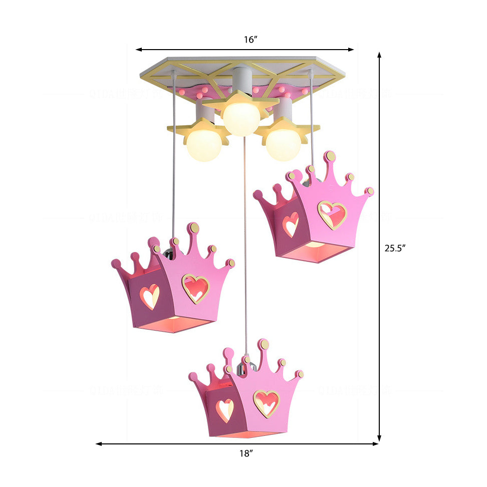 Wooden Crown Shade Hanging Lamp Cartoon Style 6 Lights Blue/Pink Pendant Ceiling Light with Triangle Canopy