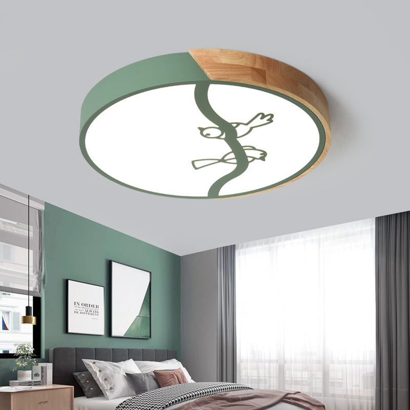Plafonnier encastré en forme de cercle en bois, plafonnier LED gris/blanc de Style nordique avec abat-jour en acrylique et motif d'oiseau