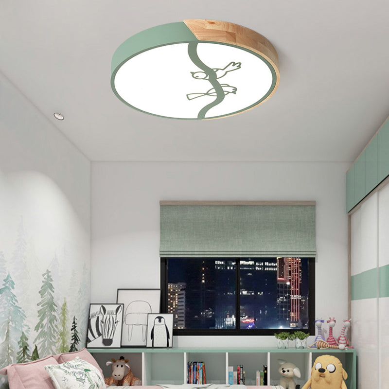 Plafonnier encastré en forme de cercle en bois, plafonnier LED gris/blanc de Style nordique avec abat-jour en acrylique et motif d'oiseau