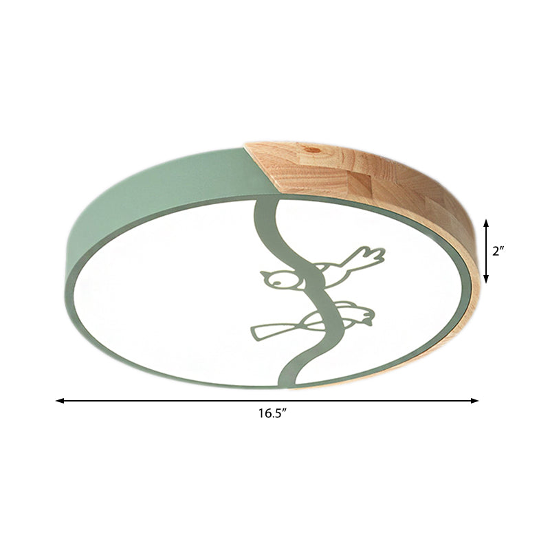 Plafonnier encastré en forme de cercle en bois, plafonnier LED gris/blanc de Style nordique avec abat-jour en acrylique et motif d'oiseau