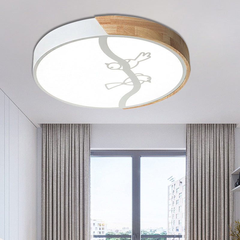 Plafonnier encastré en forme de cercle en bois, plafonnier LED gris/blanc de Style nordique avec abat-jour en acrylique et motif d'oiseau