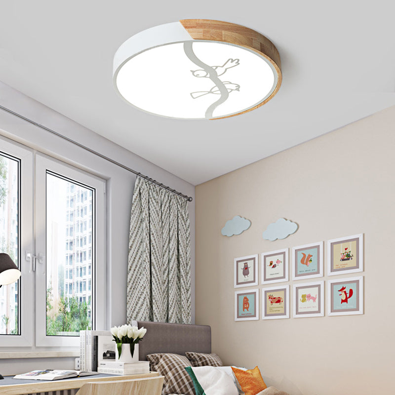 Plafonnier encastré en forme de cercle en bois, plafonnier LED gris/blanc de Style nordique avec abat-jour en acrylique et motif d'oiseau