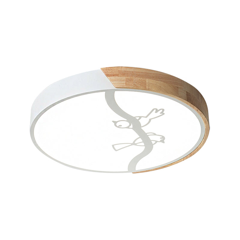 Plafonnier encastré en forme de cercle en bois, plafonnier LED gris/blanc de Style nordique avec abat-jour en acrylique et motif d'oiseau