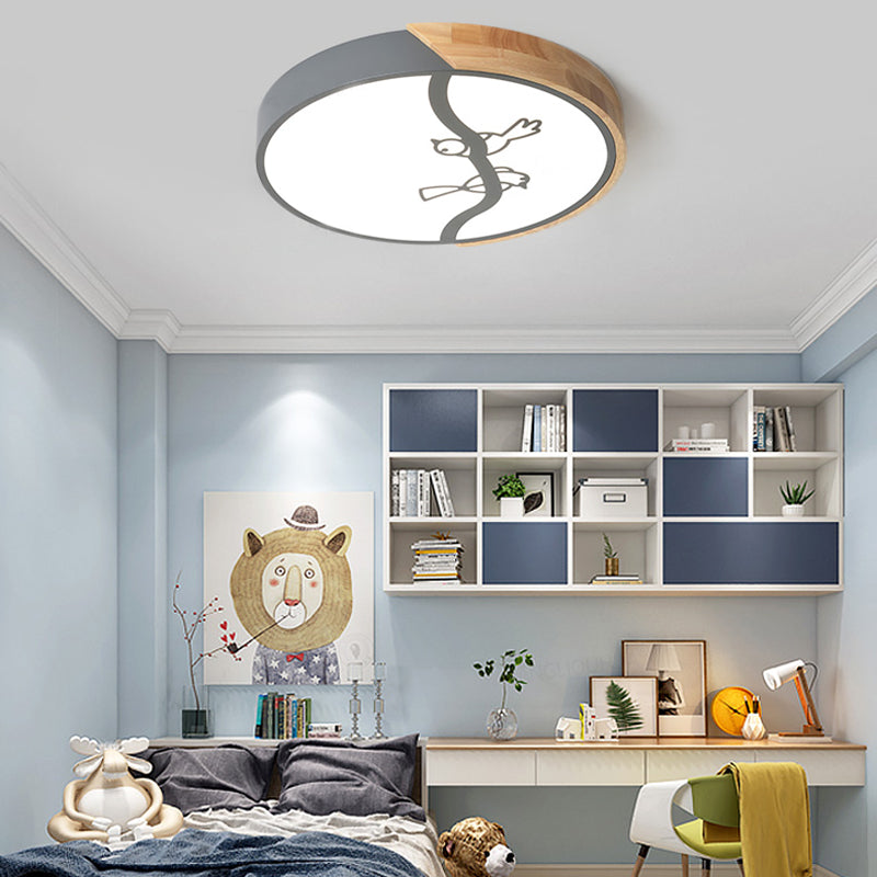 Plafonnier encastré en forme de cercle en bois, plafonnier LED gris/blanc de Style nordique avec abat-jour en acrylique et motif d'oiseau