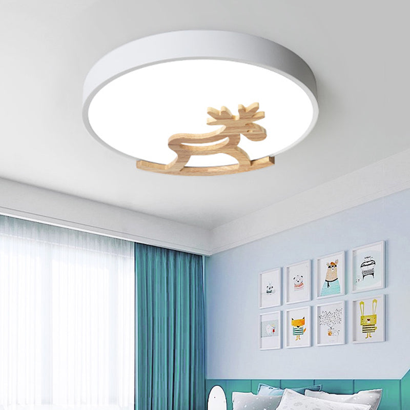 Round Flush Ceiling Light Kids Acrylic LED Bedroom Gray/White Ceiling Mounted Light with Wooden Deer Deco