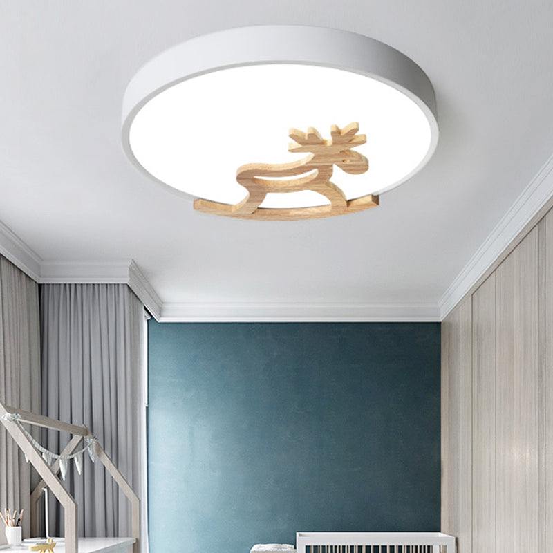 Round Flush Ceiling Light Kids Acrylic LED Bedroom Gray/White Ceiling Mounted Light with Wooden Deer Deco