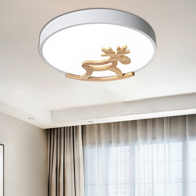 Round Flush Ceiling Light Kids Acrylic LED Bedroom Gray/White Ceiling Mounted Light with Wooden Deer Deco