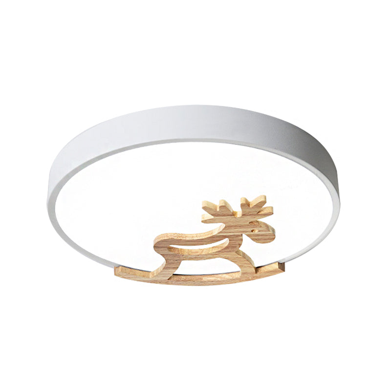 Round Flush Ceiling Light Kids Acrylic LED Bedroom Gray/White Ceiling Mounted Light with Wooden Deer Deco
