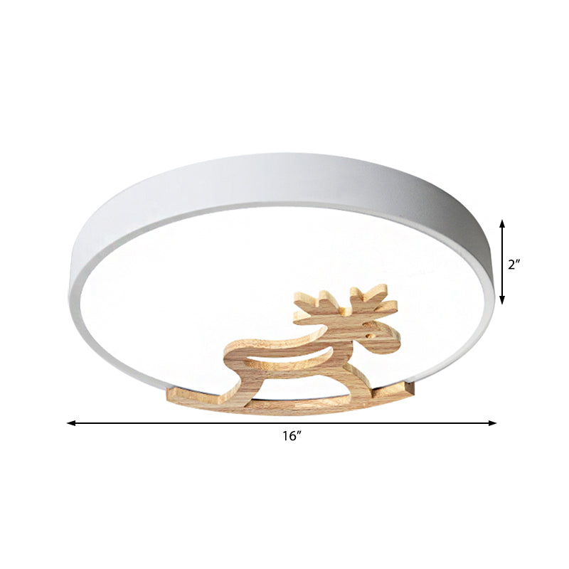 Round Flush Ceiling Light Kids Acrylic LED Bedroom Gray/White Ceiling Mounted Light with Wooden Deer Deco