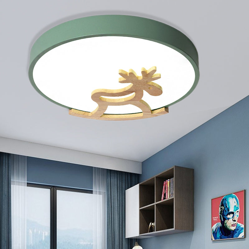 Round Flush Ceiling Light Kids Acrylic LED Bedroom Gray/White Ceiling Mounted Light with Wooden Deer Deco