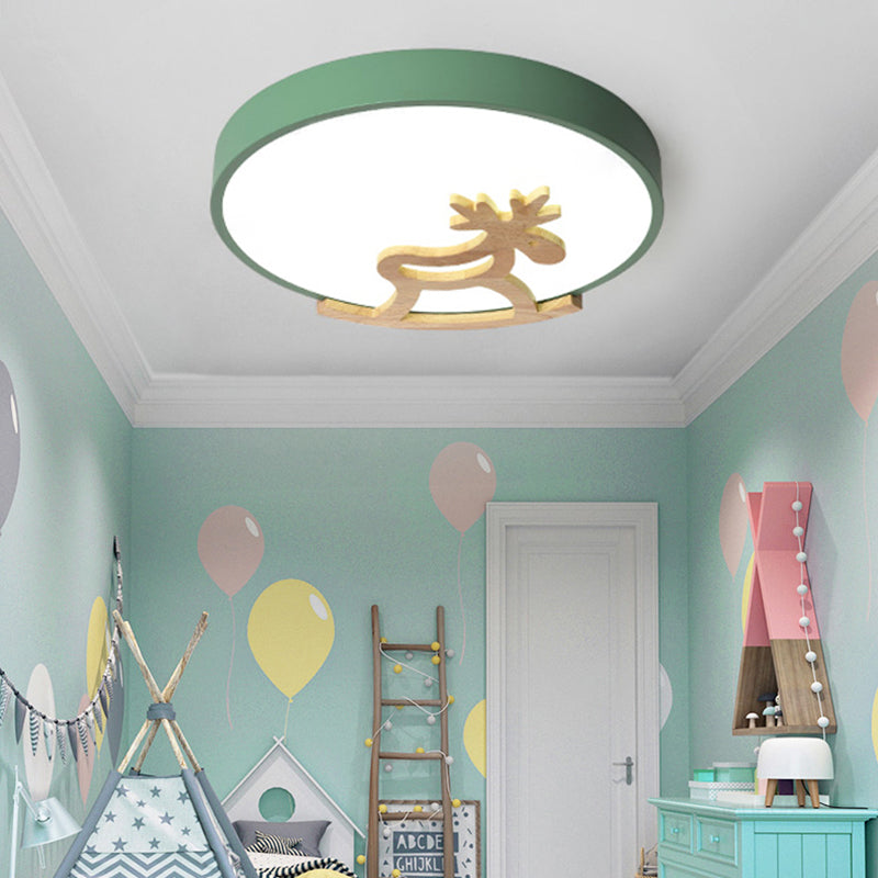 Round Flush Ceiling Light Kids Acrylic LED Bedroom Gray/White Ceiling Mounted Light with Wooden Deer Deco