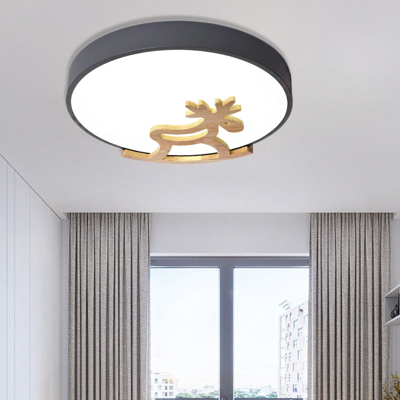Round Flush Ceiling Light Kids Acrylic LED Bedroom Gray/White Ceiling Mounted Light with Wooden Deer Deco