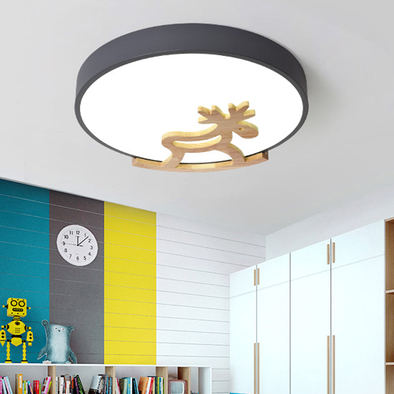 Round Flush Ceiling Light Kids Acrylic LED Bedroom Gray/White Ceiling Mounted Light with Wooden Deer Deco