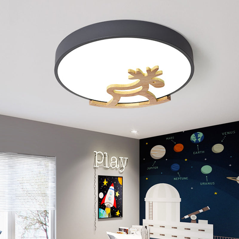 Round Flush Ceiling Light Kids Acrylic LED Bedroom Gray/White Ceiling Mounted Light with Wooden Deer Deco