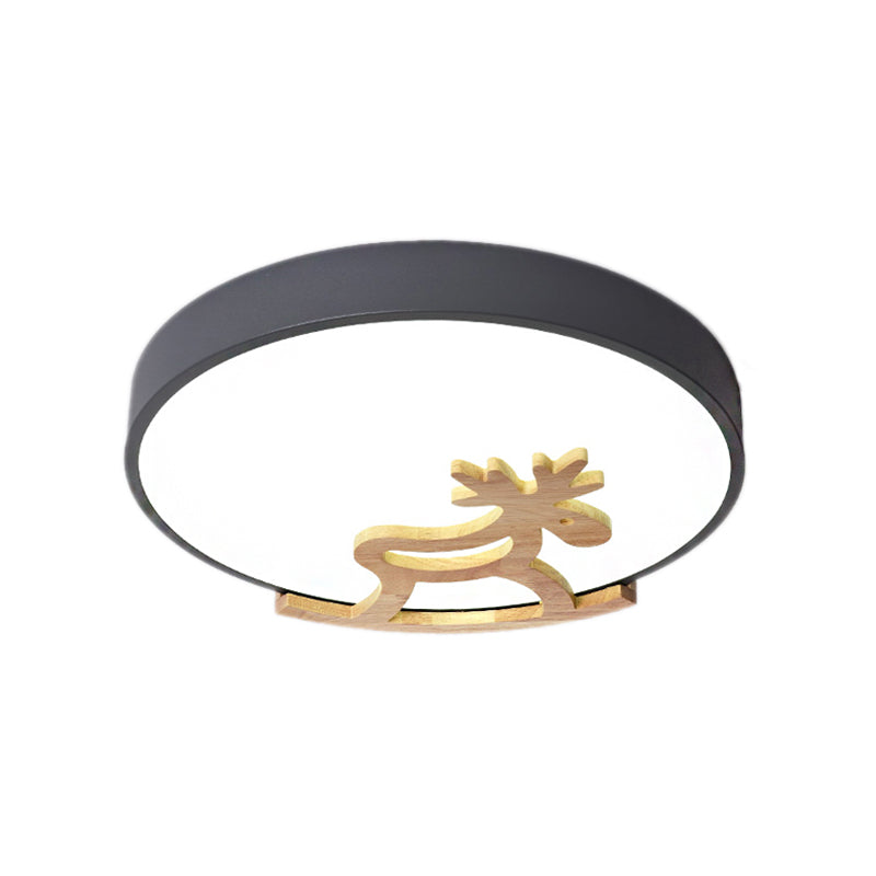 Round Flush Ceiling Light Kids Acrylic LED Bedroom Gray/White Ceiling Mounted Light with Wooden Deer Deco