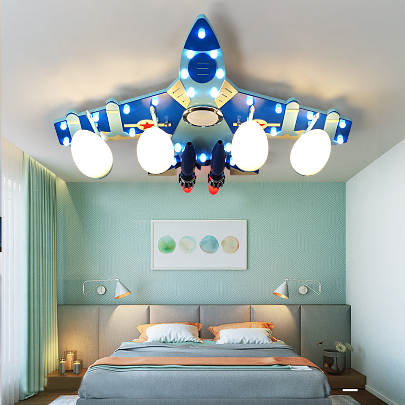 Lampe encastrée en forme d'avion bleu, Style dessin animé, 3/4 ampoules, éclairage de plafond en bois avec abat-jour en forme de larme en verre de lait