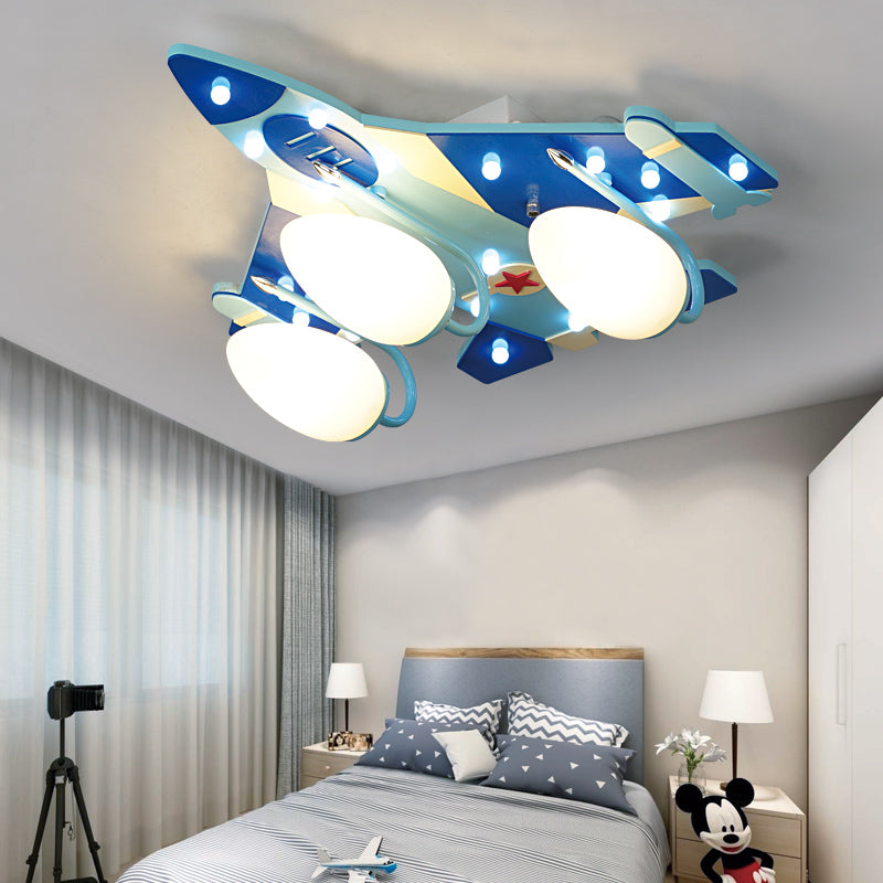 Lampe encastrée en forme d'avion bleu, Style dessin animé, 3/4 ampoules, éclairage de plafond en bois avec abat-jour en forme de larme en verre de lait