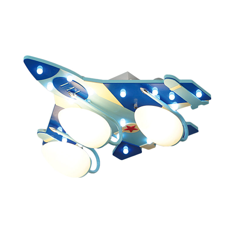 Lampe encastrée en forme d'avion bleu, Style dessin animé, 3/4 ampoules, éclairage de plafond en bois avec abat-jour en forme de larme en verre de lait