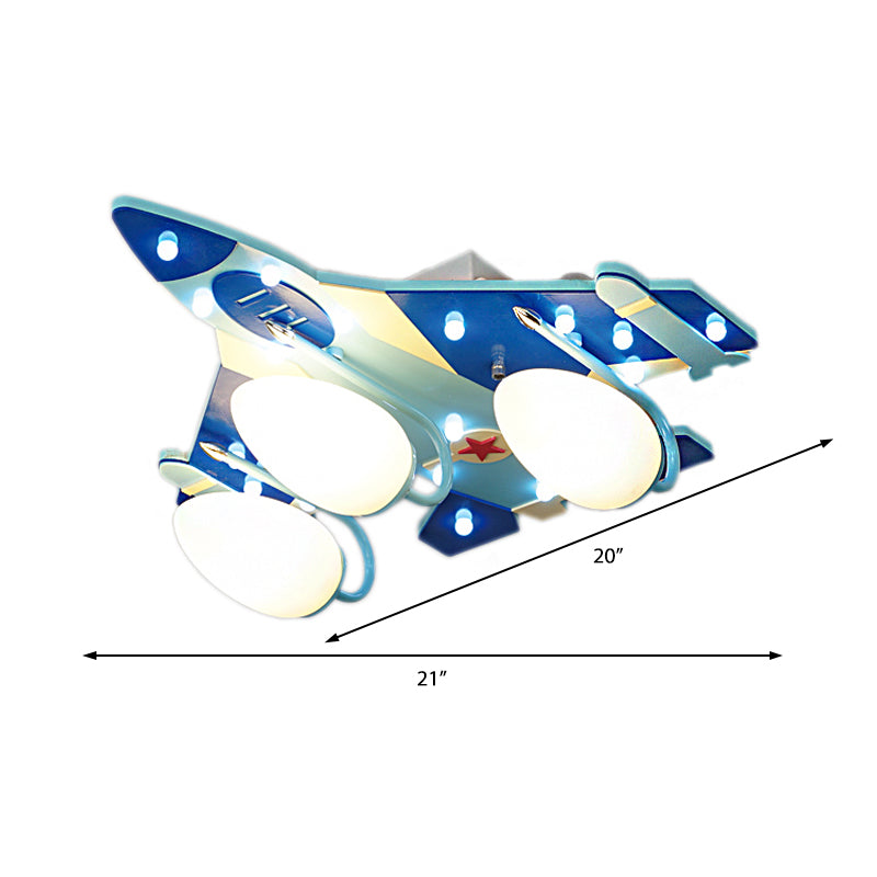 Lampe encastrée en forme d'avion bleu, Style dessin animé, 3/4 ampoules, éclairage de plafond en bois avec abat-jour en forme de larme en verre de lait