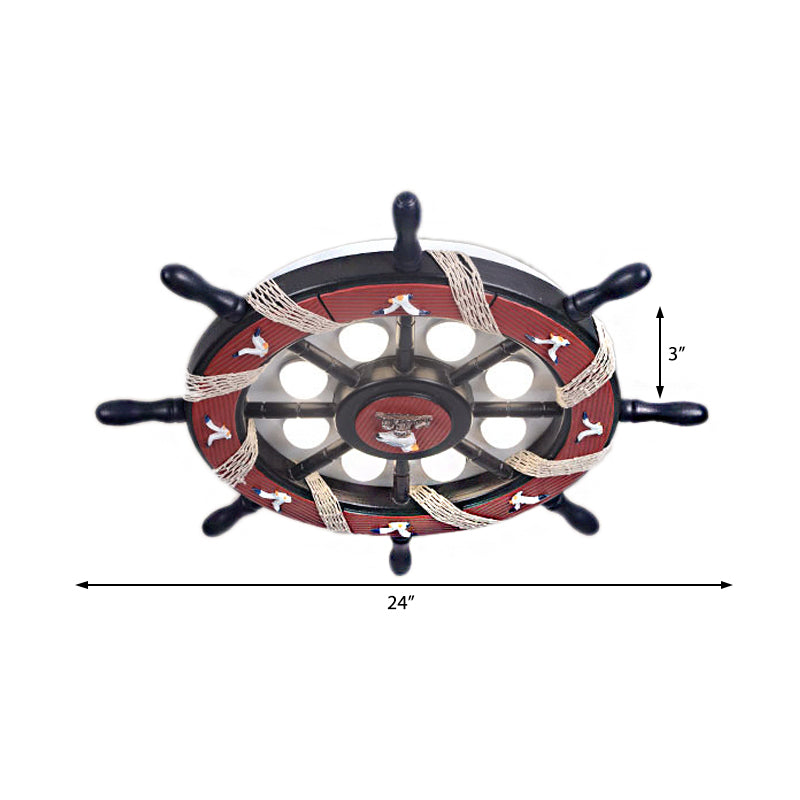 8 Lumières Bédouillaire Flush Mount Fixture with Rudder Wooden Shade Cartoon Blue / Brown Ceiling Lamp in Warm / White Light
