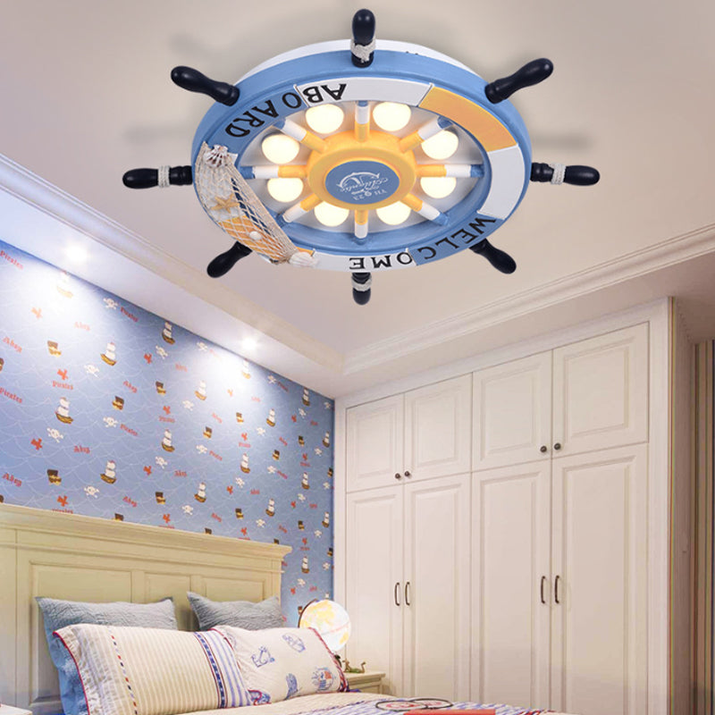 8 Lights Bedroom Flush Mount Fixture with Rudder Wooden Shade Cartoon Blue/Brown Ceiling Lamp in Warm/White Light