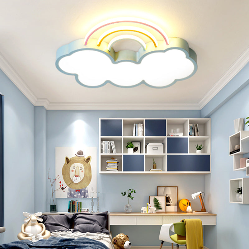 Kids LED Flush Mount Lamp with Acrylic Shade Blue Cloud and Rainbow Flush Mount Lighting in Warm/White Light, 13"/19" W