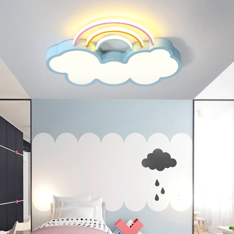 Kids LED Flush Mount Lamp with Acrylic Shade Blue Cloud and Rainbow Flush Mount Lighting in Warm/White Light, 13"/19" W