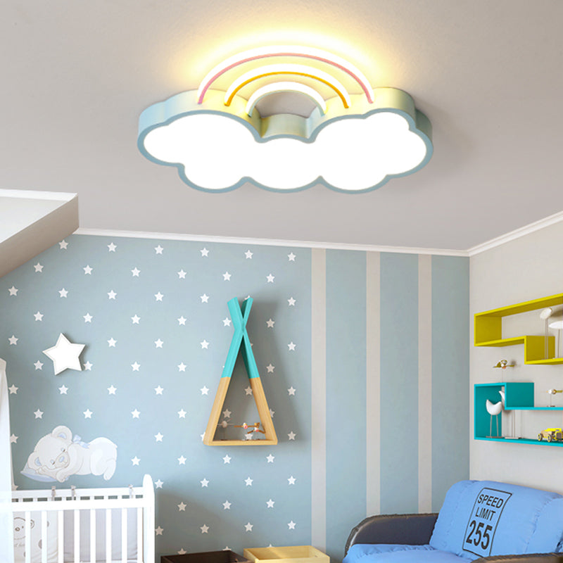 Kids LED Flush Mount Lamp with Acrylic Shade Blue Cloud and Rainbow Flush Mount Lighting in Warm/White Light, 13"/19" W