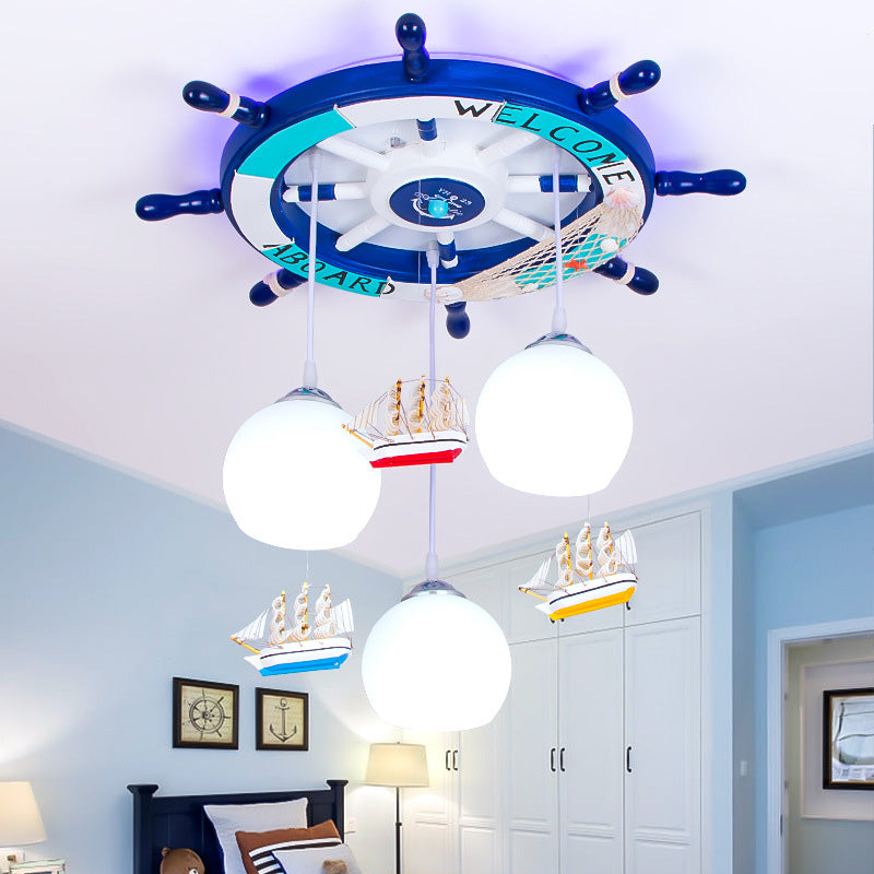 White Glass Global Hanging Lamp Kids 3 Heads Pendant Lighting with Rudder Shaped Canopy in Blue