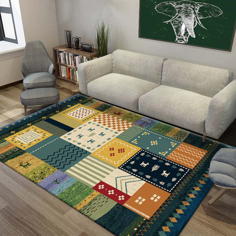Multi Color Bohemian Rug Polypropylene Colorblock Tribal Print Rug Machine Washable Anti-Slip Backing Stain Resistant Carpet for Sitting Room