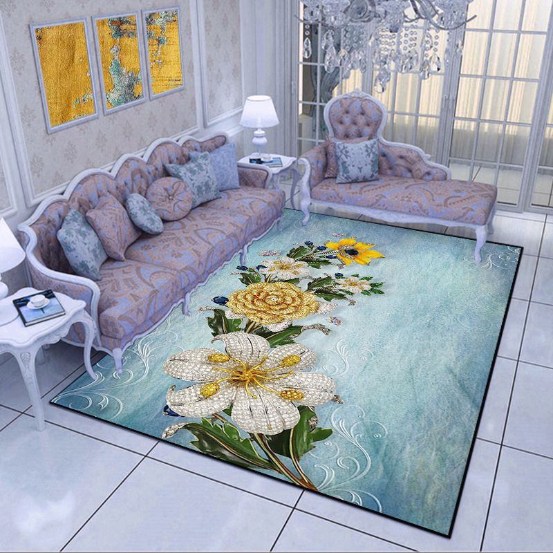 Modern Living Room Area Rug Multi Color Flower Carpet Polypropylene Washable Non-Slip Stain Resistant Indoor Rug