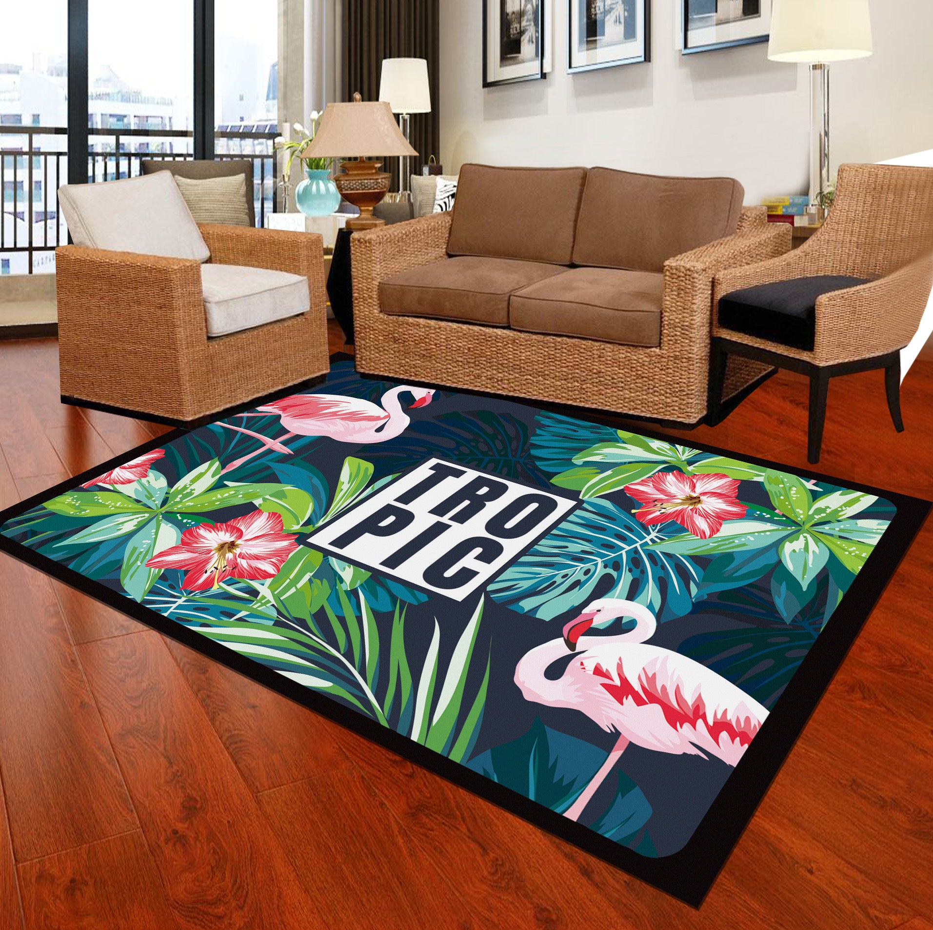 Classic Tropix Indoor Rug Multi-Color Flamingo Carpet Anti-Slip Backing Stain Resistant Machine Washable Rug for Family Room