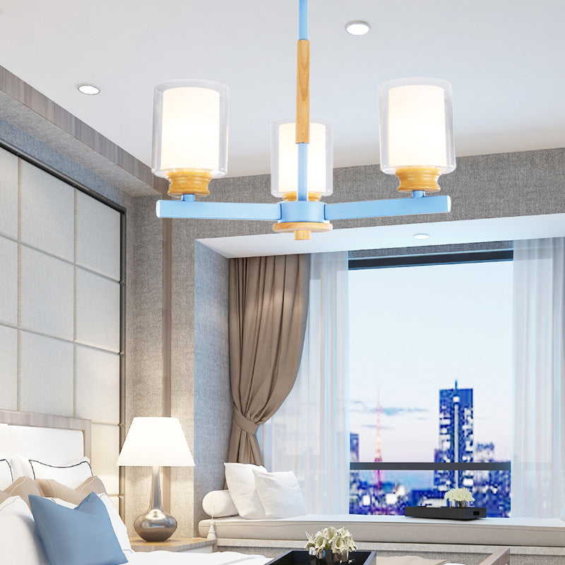 Makkaronzylinder Kronleuchter Anhänger Leicht Milchglas 3/5/6 Lichter hängende Decke Licht in Rosa/Gelb/Grün für Wohnzimmer