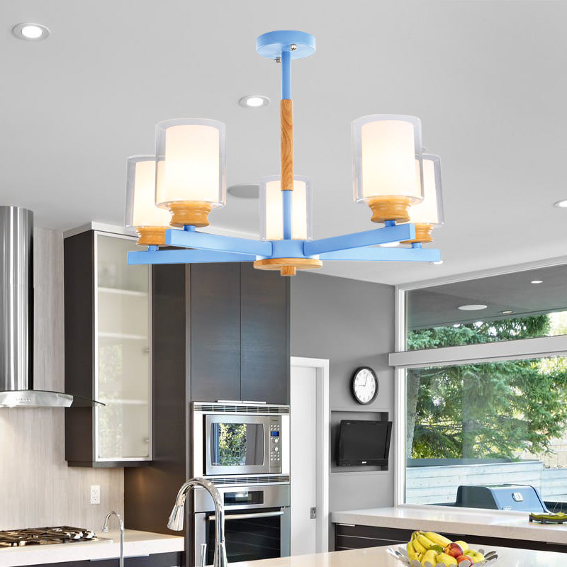 Makkaronzylinder Kronleuchter Anhänger Leicht Milchglas 3/5/6 Lichter hängende Decke Licht in Rosa/Gelb/Grün für Wohnzimmer