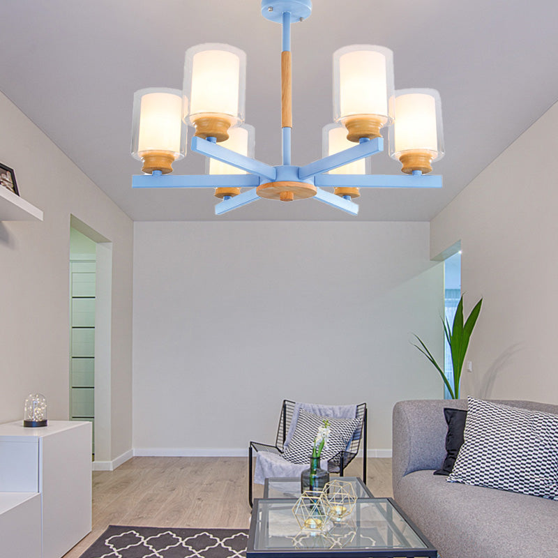 Makkaronzylinder Kronleuchter Anhänger Leicht Milchglas 3/5/6 Lichter hängende Decke Licht in Rosa/Gelb/Grün für Wohnzimmer