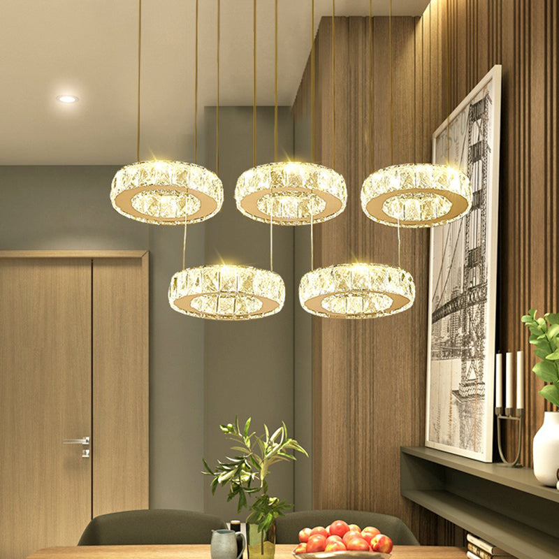 Circle Shaped Faceted Crystal Hanging Light Simplicity Stainless-Steel LED Multi Light Pendant