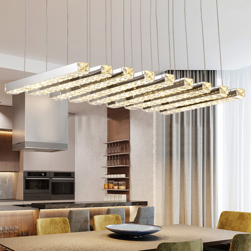 Rectangular Chandelier Pendant Light Minimalist Crystal Dining Room LED Hanging Light in Stainless-Steel